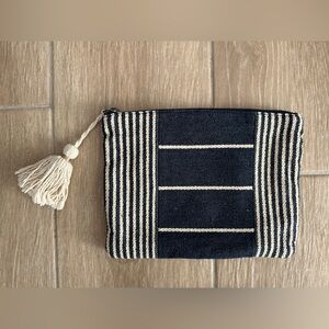 Universal threads goods co. Zipper pouch mini bag, blue cream striped, tassel